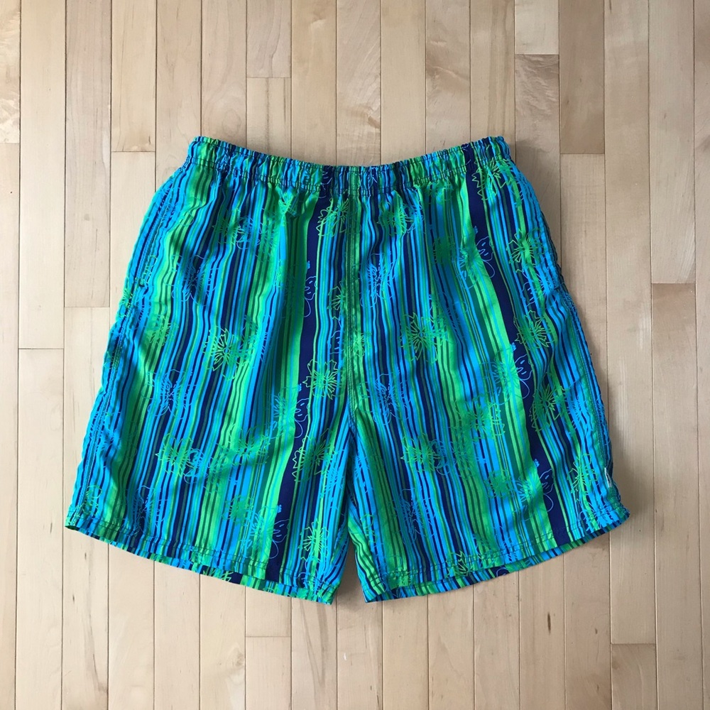 Mad Iguana men’s swim trunks green and blue stripes floral outline Sz XXL